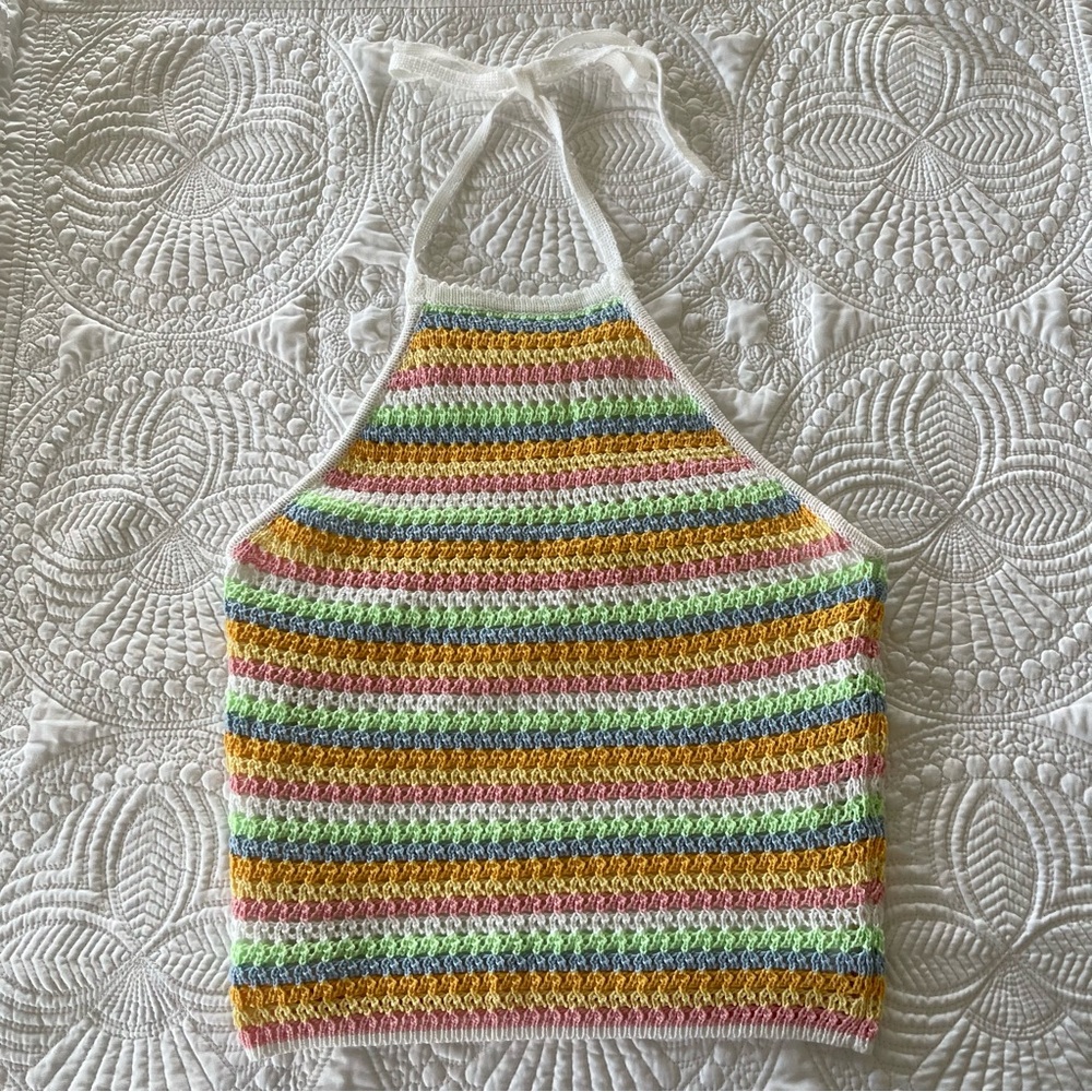 Pink Lily Pink Multicolor Pastel Crochet Crop Halter Top Size L Festival Summer